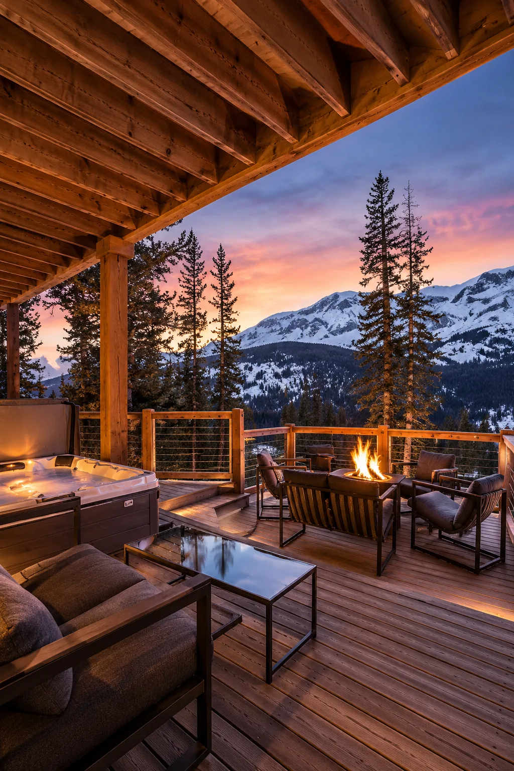 Mountain deck with a hot tub and alpine views